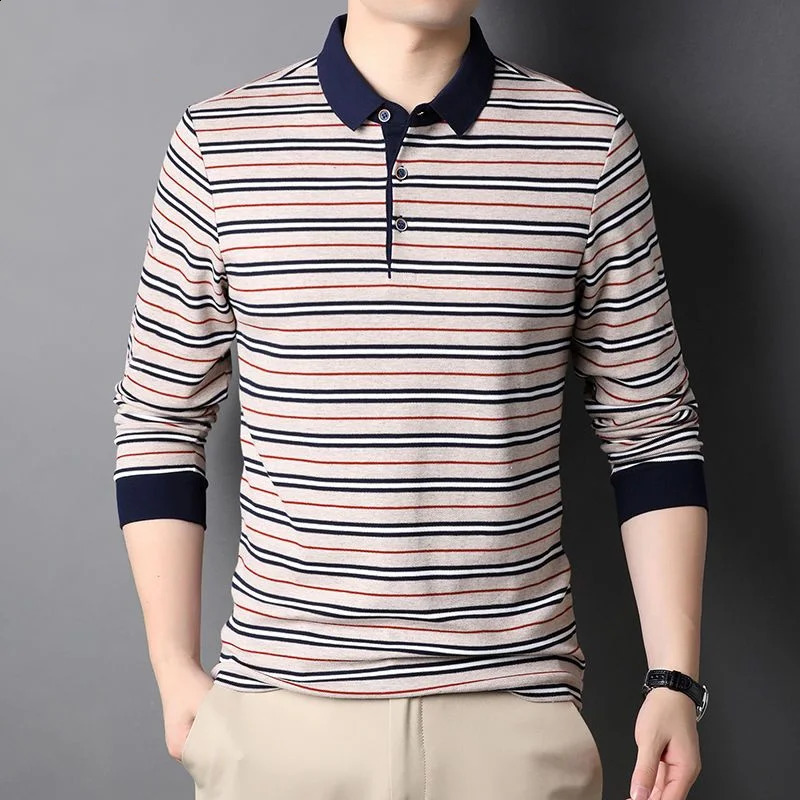 Streetwear Fashion Men Striped Polo Shirts Korean Spring Autumn Long Sleeve Basic Male Clothes Loose Business Casual Tops 240824