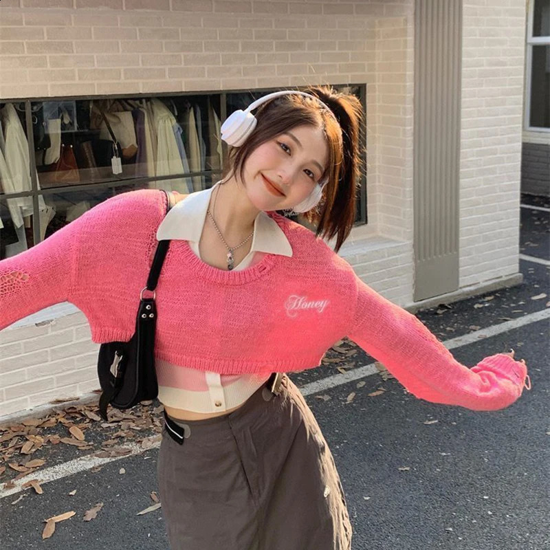 Lucyever Y2K Vintage Cropped Sweater for Women Harajuku Ripped Hollow Out Smock Pullover College Style Sweet Knitwear Jumpers 240824