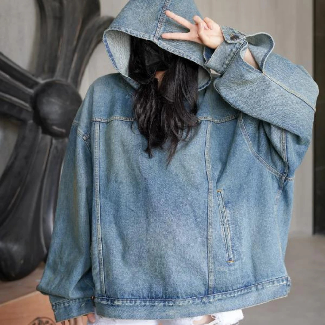 mens retro denim jacket womens hooded sports shirt long sleeved floral casual loose top 240824