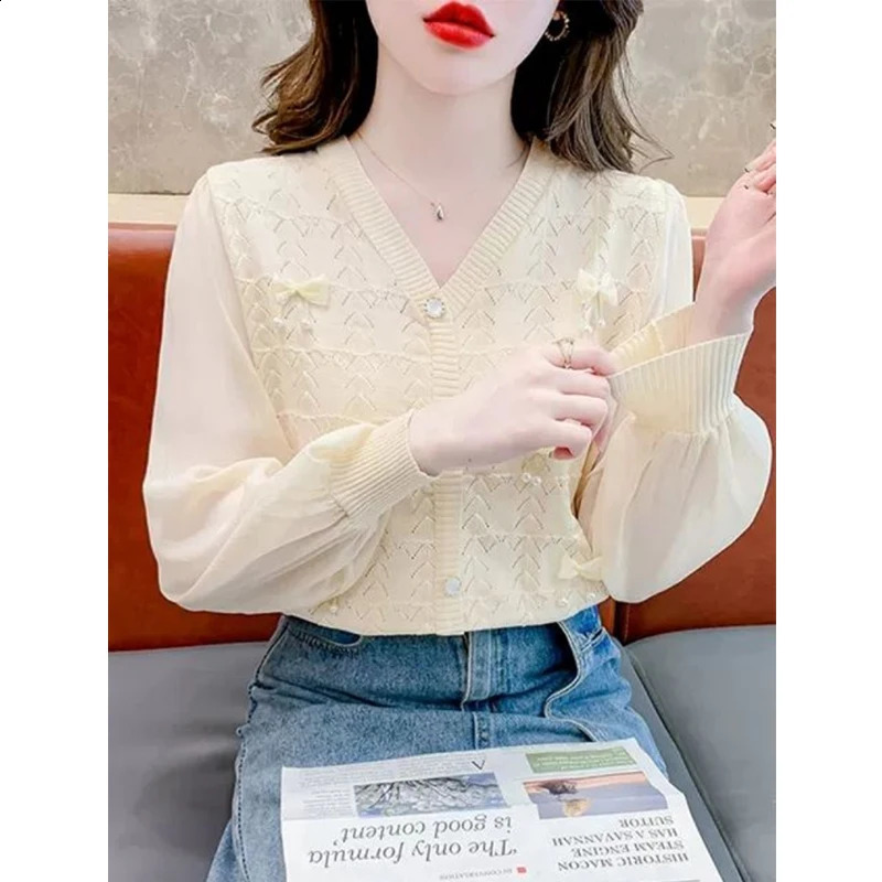 Women Clothing Spring Autumn Korean Fashion Bow Chic Sweet Patchwork Knitwears Female V Neck Long Sleeve Loose Pullover Tops 240824