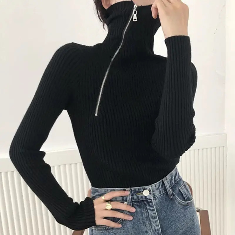 Autumn Winter Solid Color Pullovers Interior Lapping Long Sleeve Casual Undercoat Zipper Turtleneck Sweaters Womens Clothing 240824