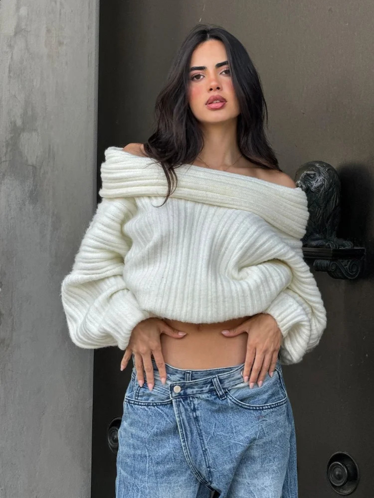 Women Fashion Off Shoulder Solid Pullover Extended Elongated Sleeves Ultra Soft lady Knitted Sweater Chic Autumn Streetwear 240824