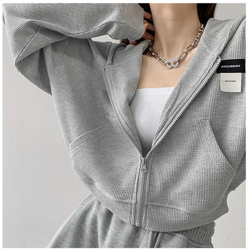Harajuku Women Sweatshirts Korean Fashion Sportswear Female Zip Up Hoodies Vintage Streetwear Basic Casual Cropped Top Autumn 240824