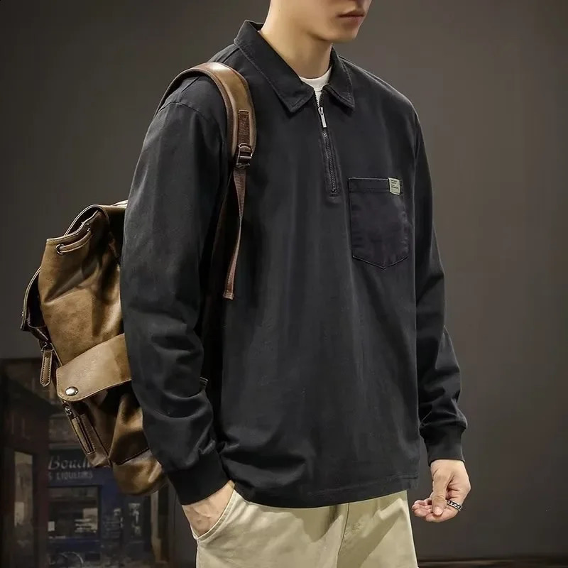 Trendy Preppy Style Color Block Long Sleeve Polo Shirt Men Embroidery Letter American Style Vintage Fit Half Zip Sweatshirt 240824