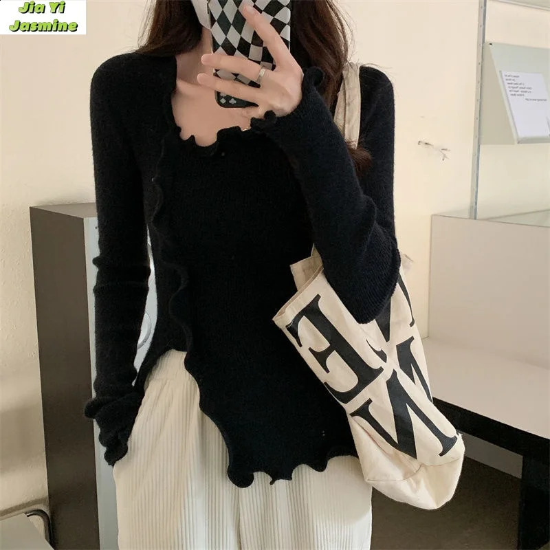 Womens Spring and Autumn Fashion Trend Knitted Shirt Pure Desire Sweater Base Shirt 240824