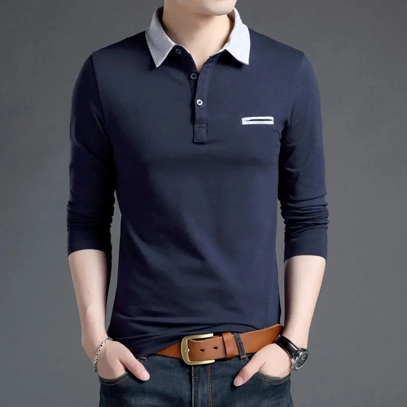 Spring Autumn Korean Business Casual Long Sleeve Polo Shirt Men Lapel Print Button Patchwork Screw Thread Loose Cotton Top 240824
