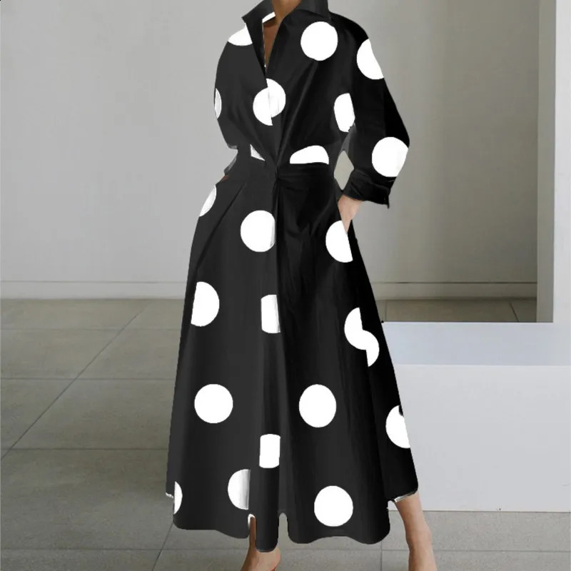 Autumn Women Fashionable Long Sleeved V-neck Printed Dress Ladies Elegant Polka Dot Print Pocket Patchwork Large Hem Dress 240824