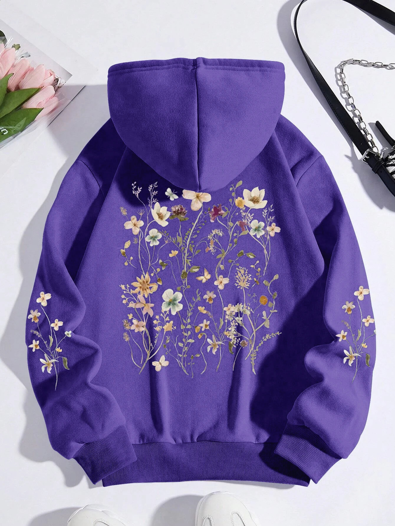 Colorful Flowers Printing Women Sweatshirt Harajuku Casual Sweatshirt Fashion Loose Hoodie Autumn Warm Vintage Fleece Woman Top 240824