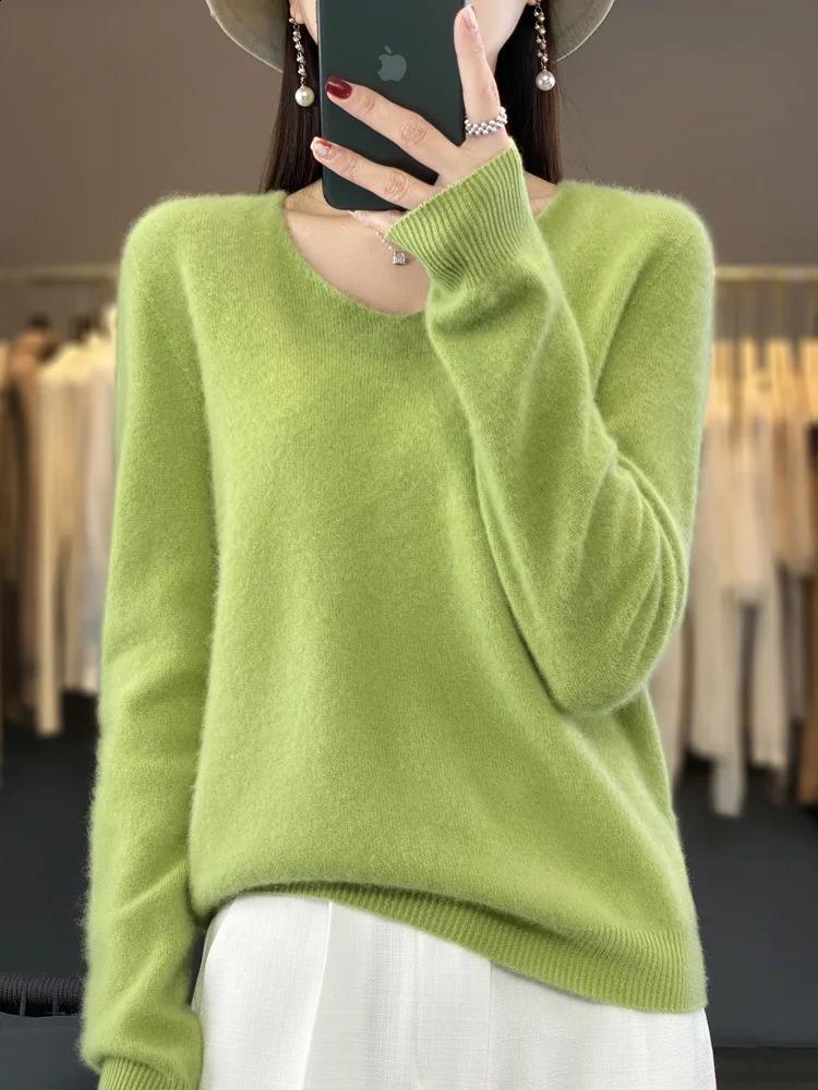 Fashion 100% Merino Wool Sweater Basic Cashmere Women Knitwear Pullover V-Neck Long Sleeve Autumn Winter Clothing Tops 240824