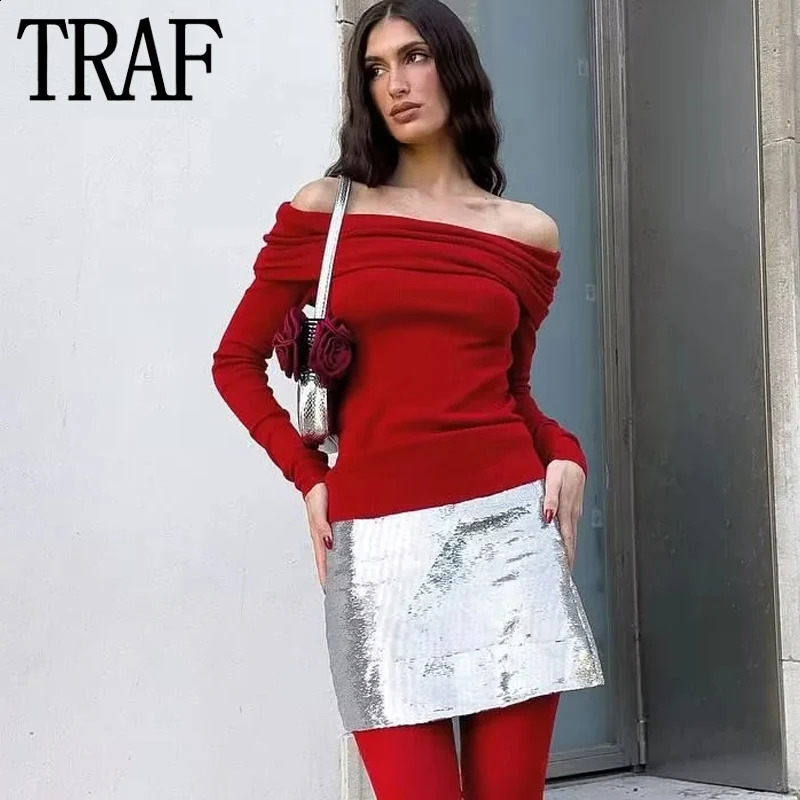 TRAF Ruched Off Shoulder Sweater Women Grey Knitted Sweater Woman Knit Top Pullover Fashion Autumn Winter Cropped Sweaters 240824