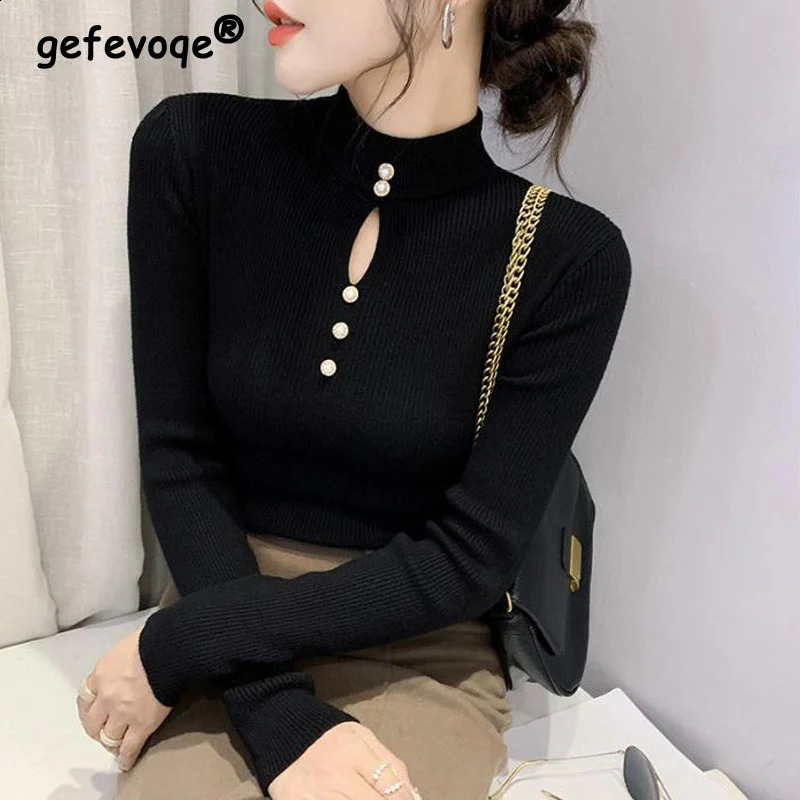 Autumn Winter Korean Basic Top Female Sexy Hollow Chic Elegant Slim Pullover Knitted Sweater Long Sleeve Womens Clothing Jumper 240824