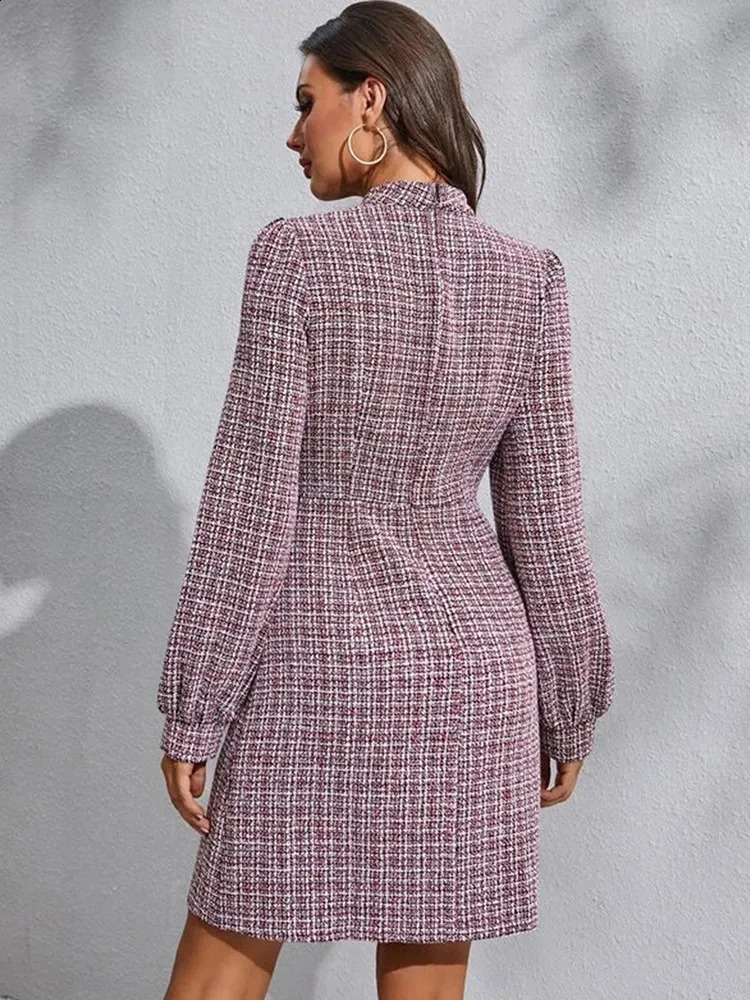 Fashion Casual Womens Dress For Women Lantern Sleeve Tweed Fine Plaid Multi Color Semi-high Round Neck Long Sleeve Dress 240824