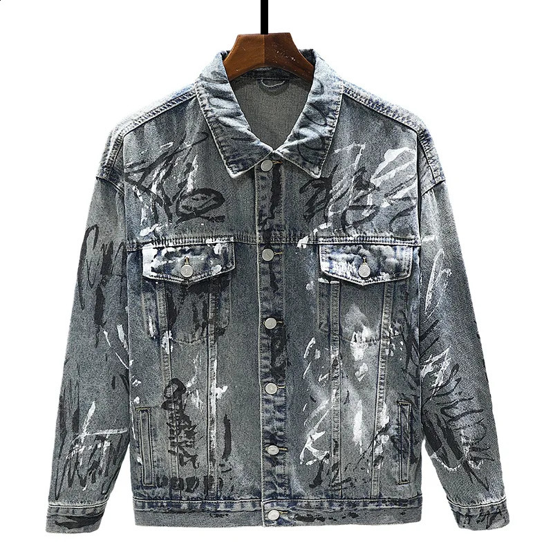 ly printed Distressed retro denim jacket for mens fashion graffiti hiphop lapel button up jeans 240824