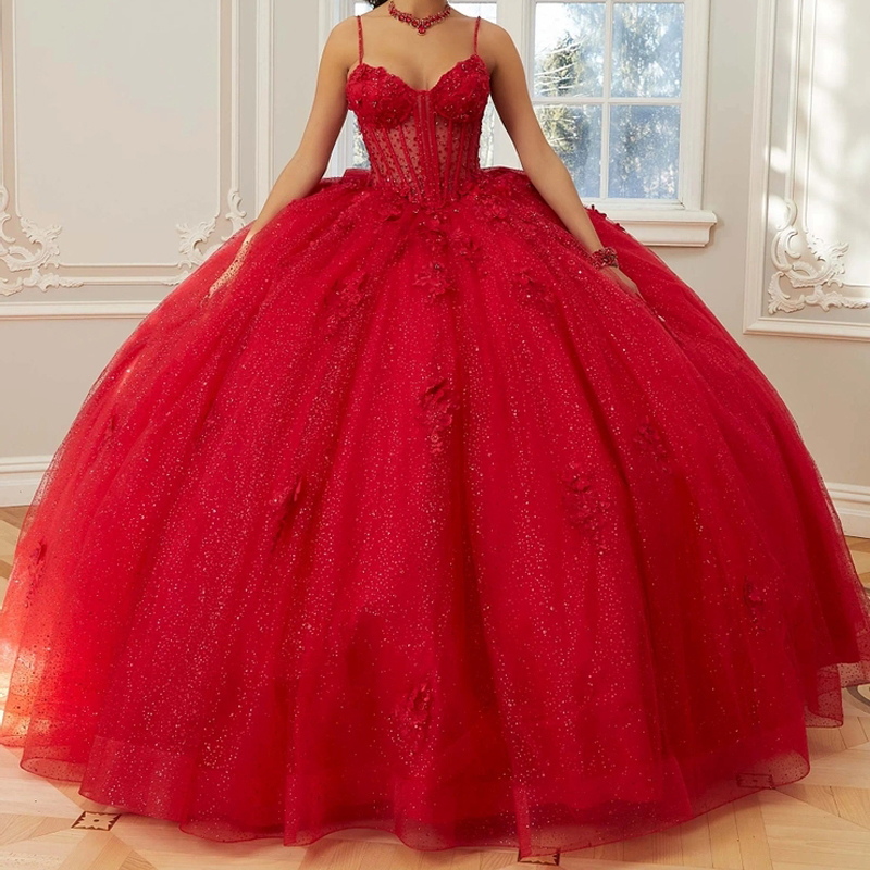 Red Shiny Princess Quinceanera Dress Ball Gown Spaghetti Strap Lace Applique Beading Bow Corset Sweet 16 Dress Vestido 15 De Anos