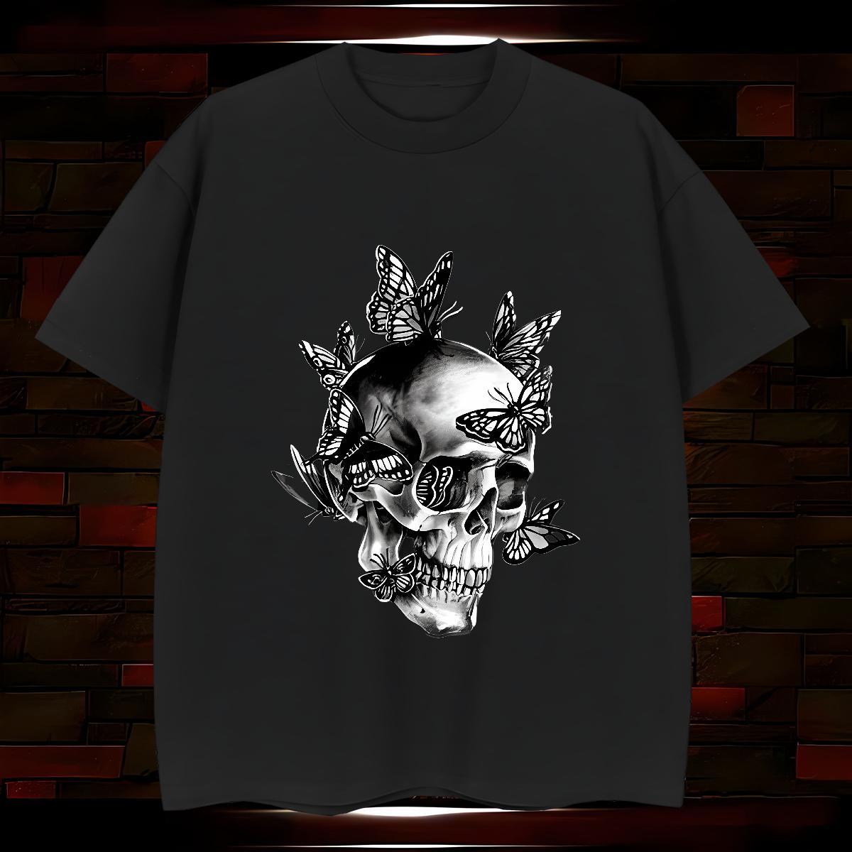 Free Shipping Men T Shirts 100% Cotton 230g butterfly High Street Hip Hop Skull Crew Neck Couples T Shirts Designer Fashion Tops Tees