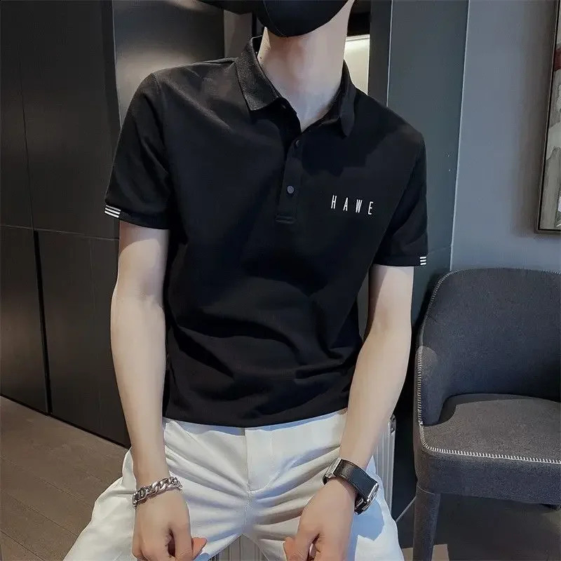 T Shirt for Men 100 Cotton Top Skinny Man with Collar Tee Alphabet Polo Shirts Aesthetic drying Casual Tops Clothes 240824