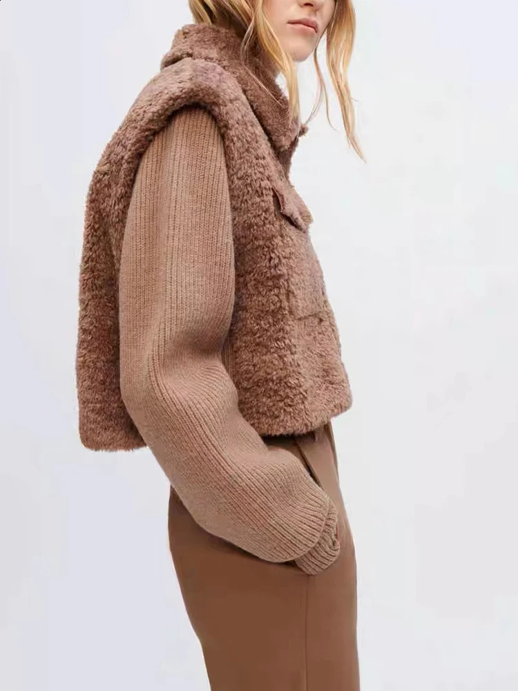 IOO Winter Thick Warm Wool Womens Coat Knitted Splicing Collar Pocket Artificial Fur Short Top 240824