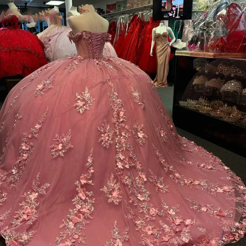 Pink Illusion Pearls Beading Quinceanera Dresses Ball Gown 3D wers Appliques Lace Sweet 16 Birthday Party Vestido De 15 Anos