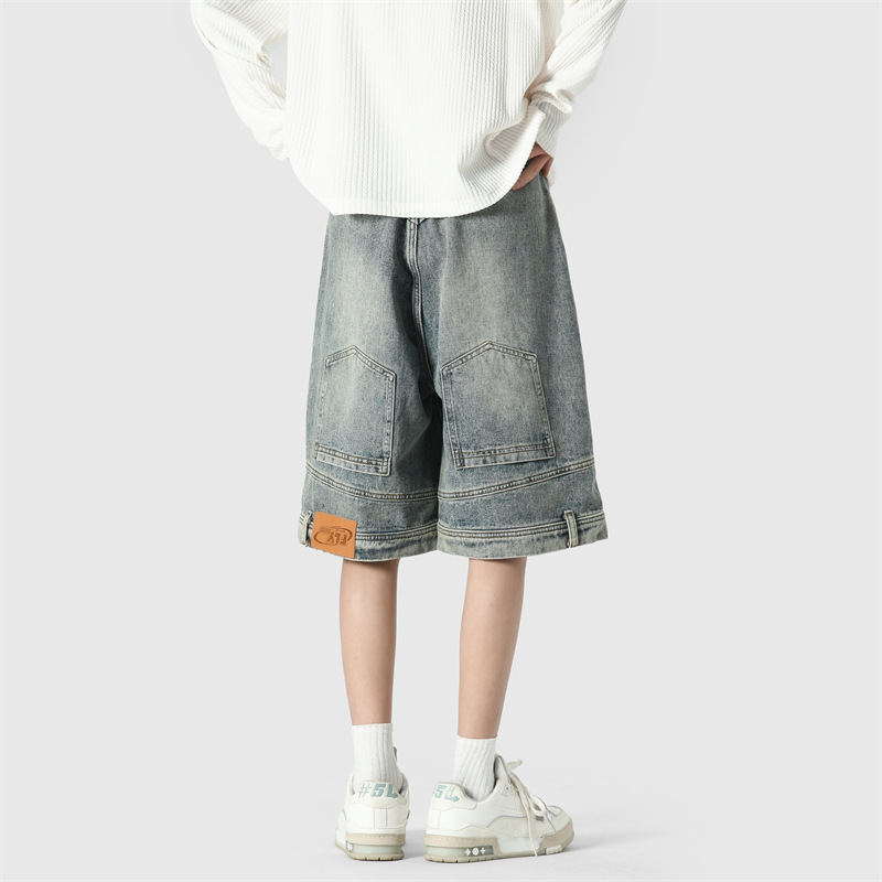 American Style Inverted Denim Shorts for Mens Summer New Trend Loose Washed and Cool Five Quarter Pants Casual and Versatile Mid Length Pants