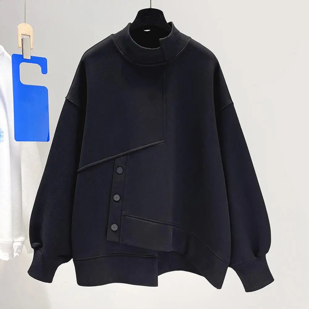 Women Autumn Winter Solid Sweatshirt Half High Collar Long Sleeve Irregular Hem Pullover Tops Buttons Decor Tops Streetwear 240824