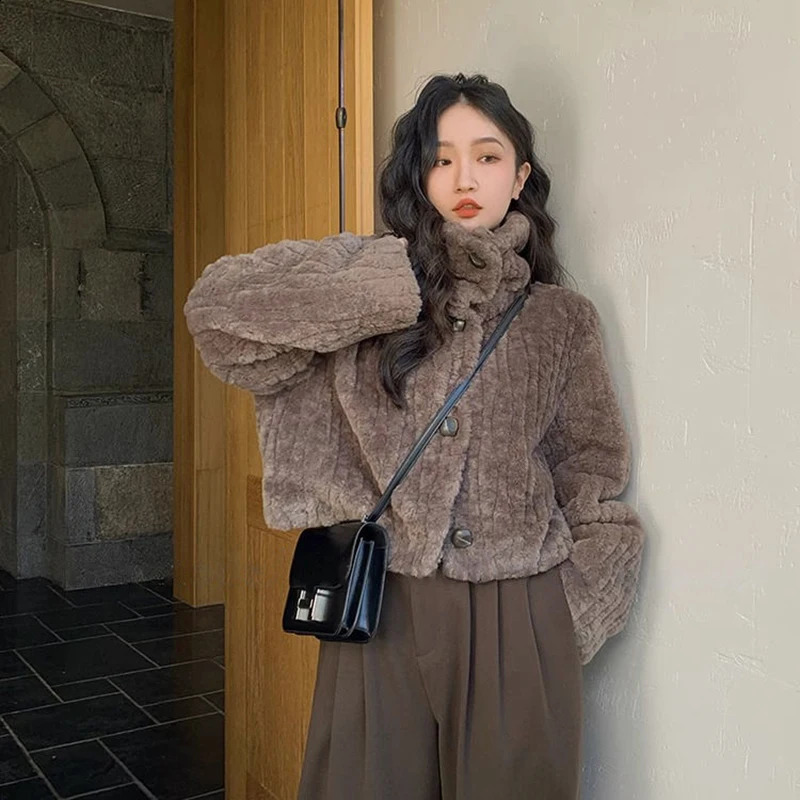 Fashion Korean Warm Wool Coat Womens Harajuku Stand Collar Long Sleeve Lambswool Jacket Winter Solid Short Fur 240824