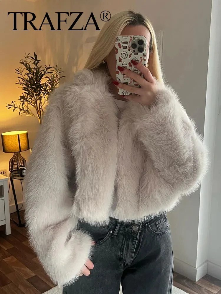 TRAFZA womens faux fur leather jacket casual loose long sleeved lapel warm winter fashion fashionable streetwear Jakcets 240824