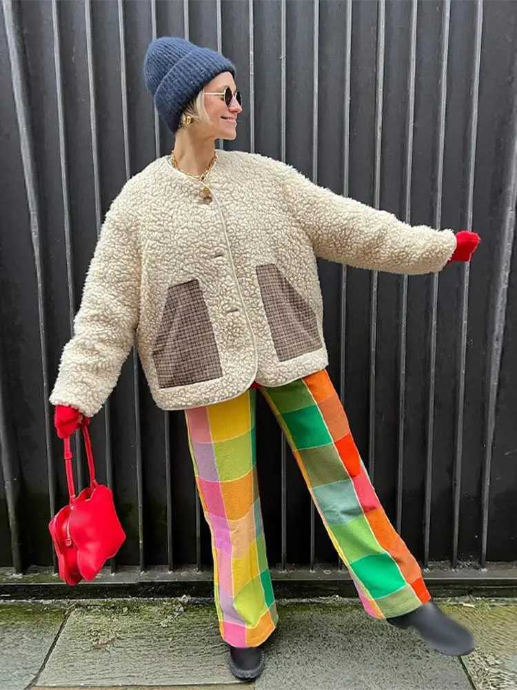 Women's Jackets Fashion Patchwork Packet Lamb Wool Warm Coat Chic O Neck Single Breast Long Slve Cotton Jacket 2024 New Lady Commuting Outwear Y2