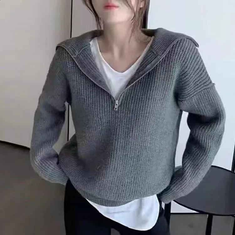 Female Knitwear Korean Style Chic Soft Solid Color Large Zipper Lapel Women Sweaters And Pullovers Fashion Knitwear CR187 240824
