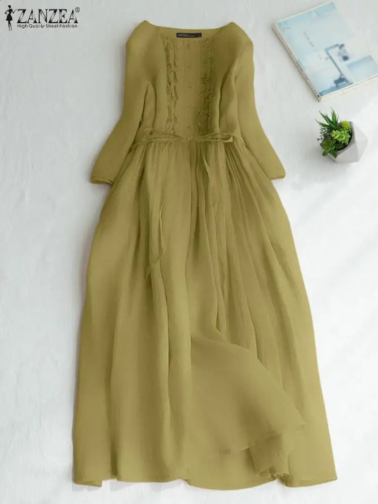 ZANZEA Fashion 3/4 Sleeve Long Vestido Vintage Solid Midi Dress Women Ruffled Buttons Stitching Robe Autumn Bandage Dresses 240824