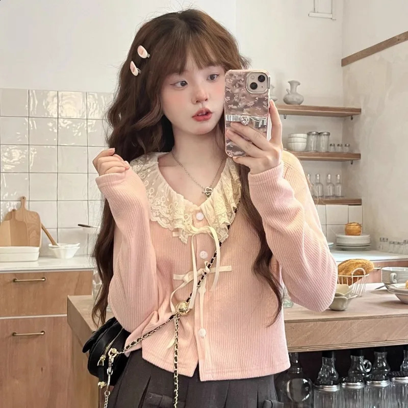 Deeptown Kawail Lace Up Knitted Cardigan Sweater Japanese Fashion Womens Aesthetic Knitwear Spring Cute Sweet Preppy Korean 240824