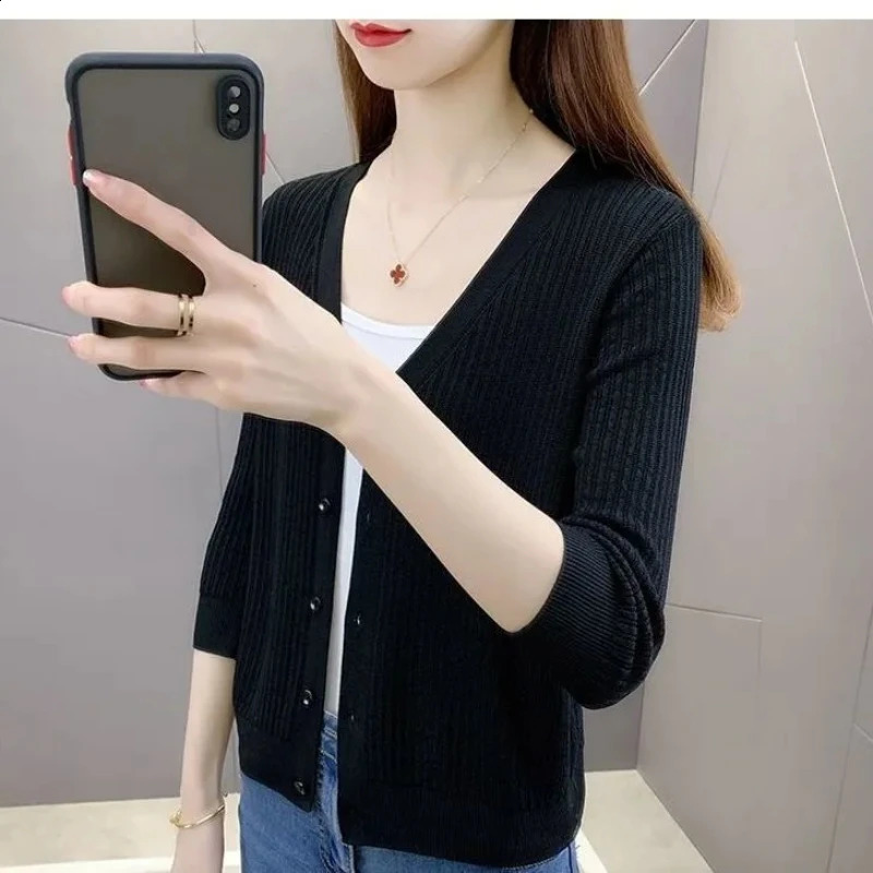 Plus Size Womens Knitted Cardigan Summer Thin Ice Silk Solid Short Loose V-Neck Sun Protection Hollow Top Ropa De Mujer Ofertas 240824
