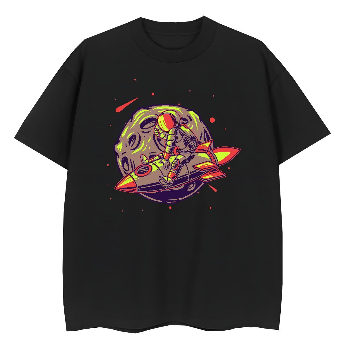 Loose fit Unisex Tshirts 100% Cotton 230g cosmonaut Casual Daily Wear Women T Shirts O Neck Short Sleeves Black White Tops Shirt