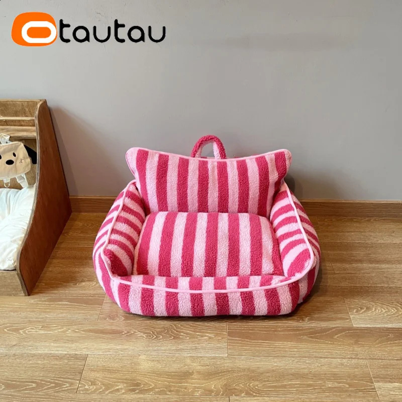 OTAUTAU Cute Pet Sofa Bed with Filler Washable Inner Liner Winter Warm Dog Cat Mini Couch Faux Fleece Stripe Pouf SF139 240824 - view 5