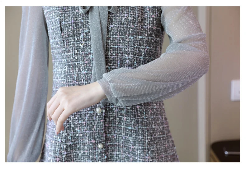 Autumn Ruffles chiffon Patchwork tweed Dress Female Elegant Bow Tie Long sleeve party Dress Vestido Robe Femme 240824