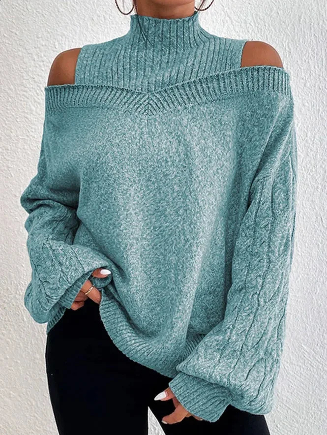 Autumn Winter Off Shoulder High Neck Long Sleeve European and American Sweater Loose Knit Cardigan 240824