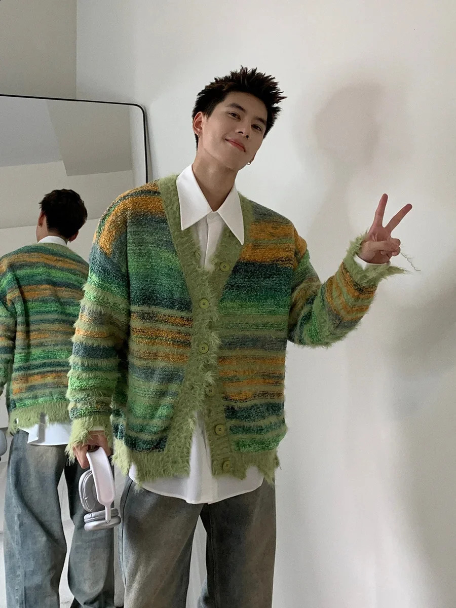 Vintagenichecasual Tie-dye Striped Sweater Jacket Unisex Loose-fit Knitted Cardigan Trendy Casual Wear V-neck Pullovers 240824