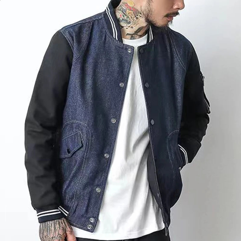 Japanese style mens patch workwear sleeves denim baseball jacket stand collar springsummer casual 240824