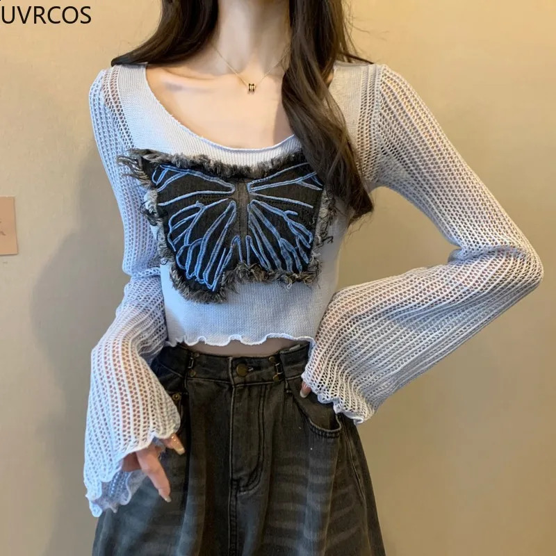 Autumn Vintage Elegant Knitted Pullovers Women Butterfly Hollow Out Long Sleeved Knitwear Crop Tops Korean Fashion Sweater Coat 240824