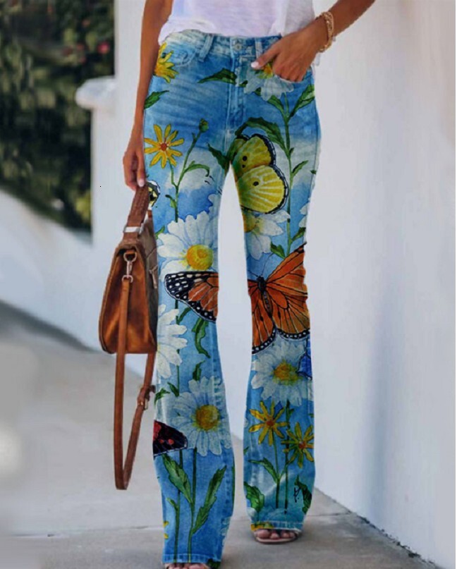 Plus Size Womens Casual Pants Wide Leg Pants Artistic Floral Pattern Pants