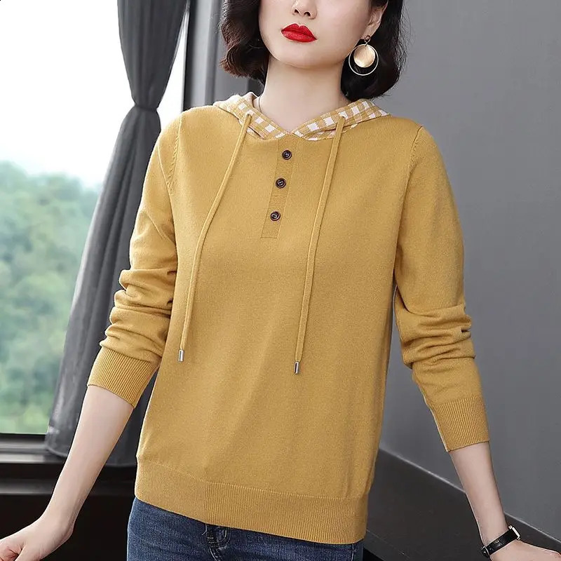 Autumn Hooded Versatile Pullover Top Drawstring Patchwork Button Long Sleeve Solid Women Casual Straight Knitted Sweater 240824