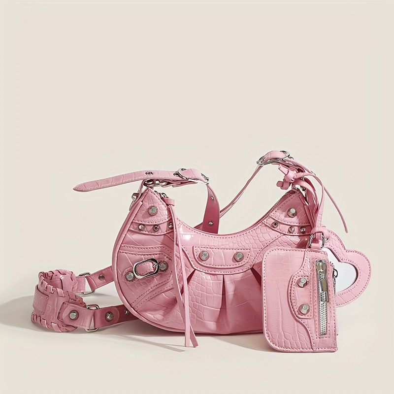 Fashionable motorcycle bag underarm bag rivet tassel high-end pleated bag single shoulder bag
