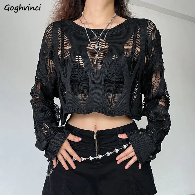 Hollow Out Pullovers Women Black Autumn Streetwear Personality Casual Loose Korean Style Fashion Solid Sexy Knitwear Grunge 240824