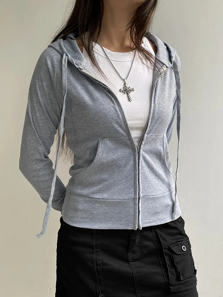 Casual Streetwear Basic Hooded Pockets Sweatshirt Tracksuit Solid Long Sleeve Women Vintage Zip Up Hoodies Fashion Sweatshirts 240824