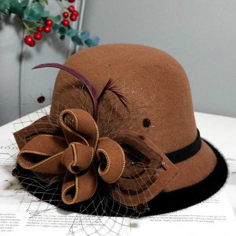 Wide Brim Hats Bucket Hats French womens Fedora hat bow ribbon wool jazz felt hat womens winter autumn church elegant dress hat table tennis bowling L