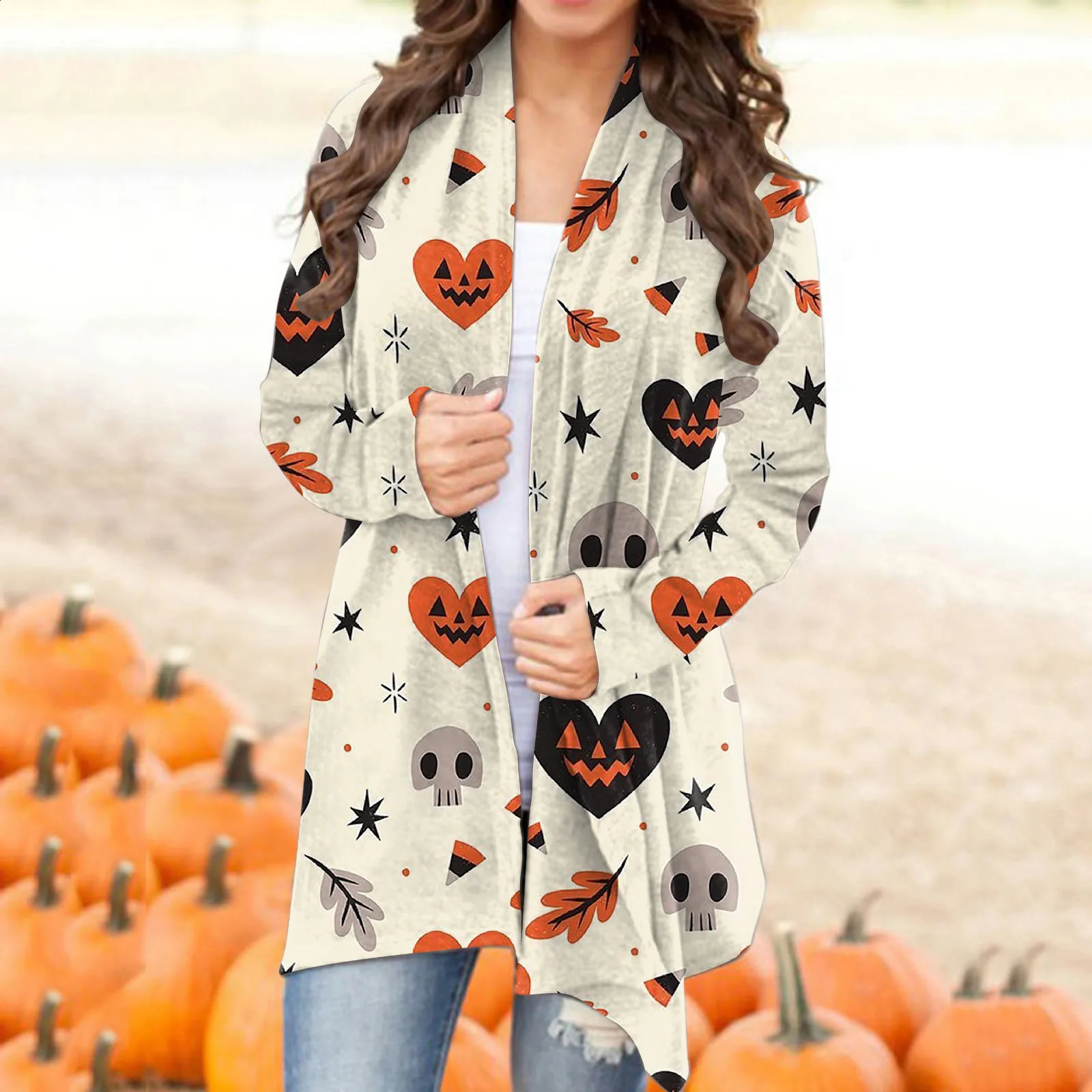 Autumn Winter Cardigan Women Halloween Skull Print Casual Open Stitch Lady Elegant Sweater Coat Blouse Clothes Streetwear 240824