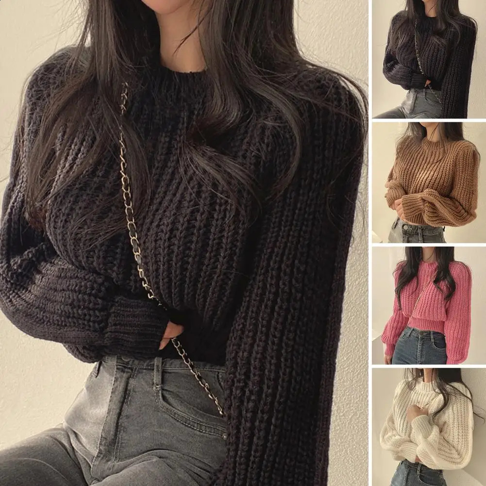 Knit Top with Puff Sleeves Cozy Ribbed Trim Pullover Sweater for Women Autumn Winter Knitting Top with Puff Long Sleeve Solid 240824