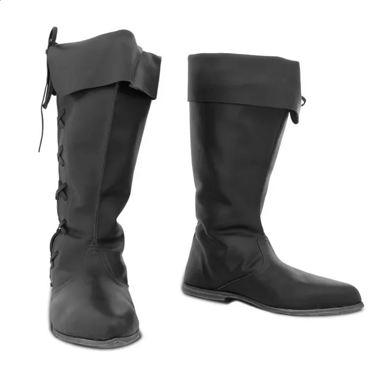 Renaissance medieval role-playing Gothic punk pirate prop shoes leather knight high boots mens paladin costume wizard 240823