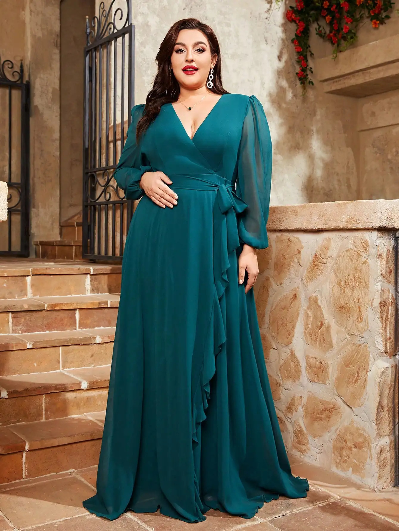 Mgiacy Plus Size V-Neck Irregular Cross Long Sleeved Pleated Chiffon Full Skirt Evening Party Gown 240824