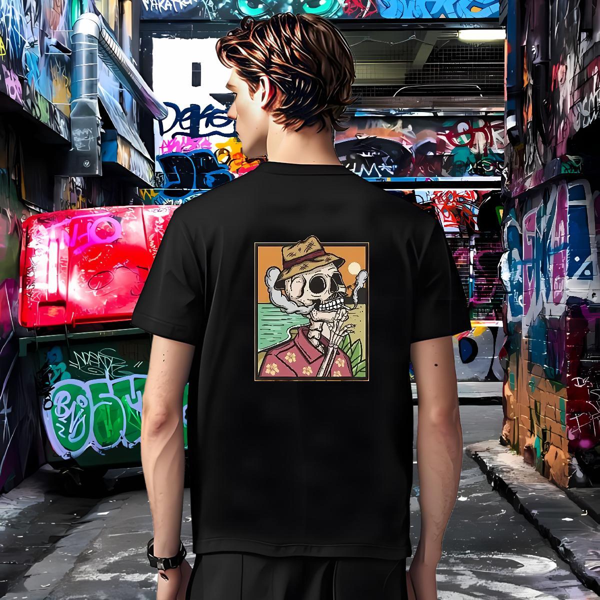 Unisex Man T Shirts 230g Pure Cotton skull Anime Printing Street Plus Size Cartoon O Neck Short Sleeves Men Tops Tees Casual New Clothings