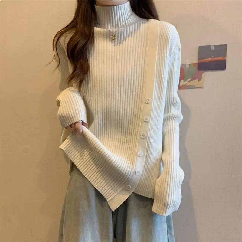 Autumn and Winter Womens Fashion Irregular Loose Half High Neck Long Sleeve Bottom Shirt Off Shoulder Knitted Sweater 240824